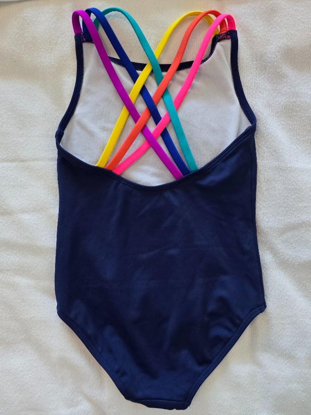 4-5Y (fits like 3T) Mini Boden One Piece Swim Suit with Rainbow Straps
